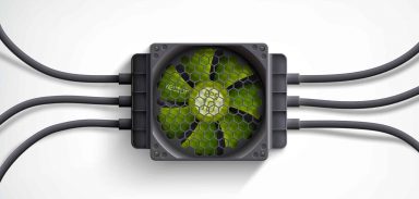 Realistic computer cooler with green fan and black wires design concept on white background vector illustration
